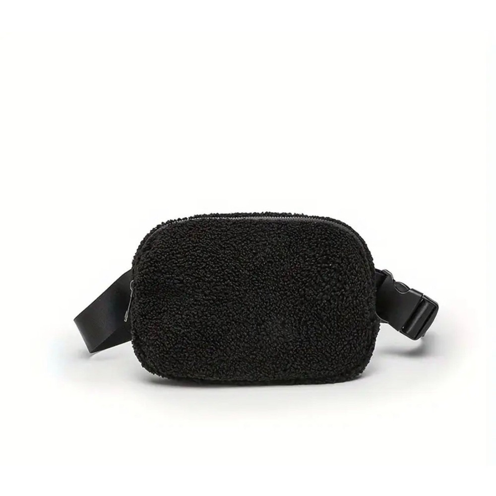Black Sherpa Fleece Belt Bag Crossbody Fanny Pack Purse Adjustable Strap